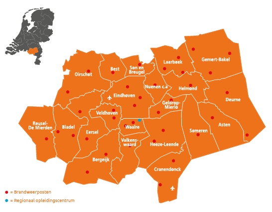 De regio Zuidoost-Brabant kent 21 gemeenten: Oirschot, Best, Son en Breugel, Laarbeek, Gemert-Bakel, Reusel-De Mierden, Bladel, Eersel, Veldhoven, Bergeijk, Eindhoven, Waalre, Valkenswaard, Heeze-Leende, Cranendonk, Geldrop-Mierlo, Helmond, Someren, Asten en Deurne. In alle gemeenten zijn 1 of 2 brandweerposten gevestigd.
