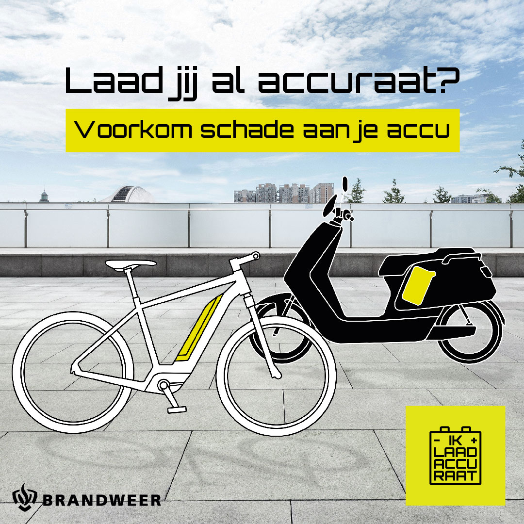 Laad jij al accuraat? Voorkom schade aan je accu. Campagnebeeld met een elektrische fiets en scooter.
